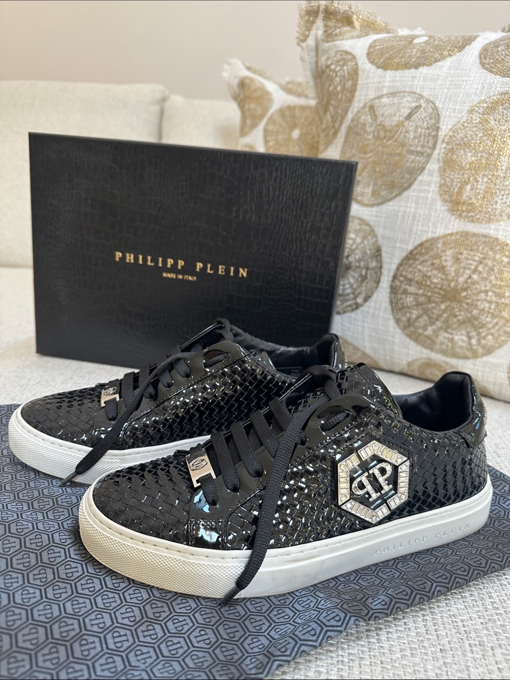 Philipp Plein Women’s Black Sequin Low-Top Sneakers with White Sole